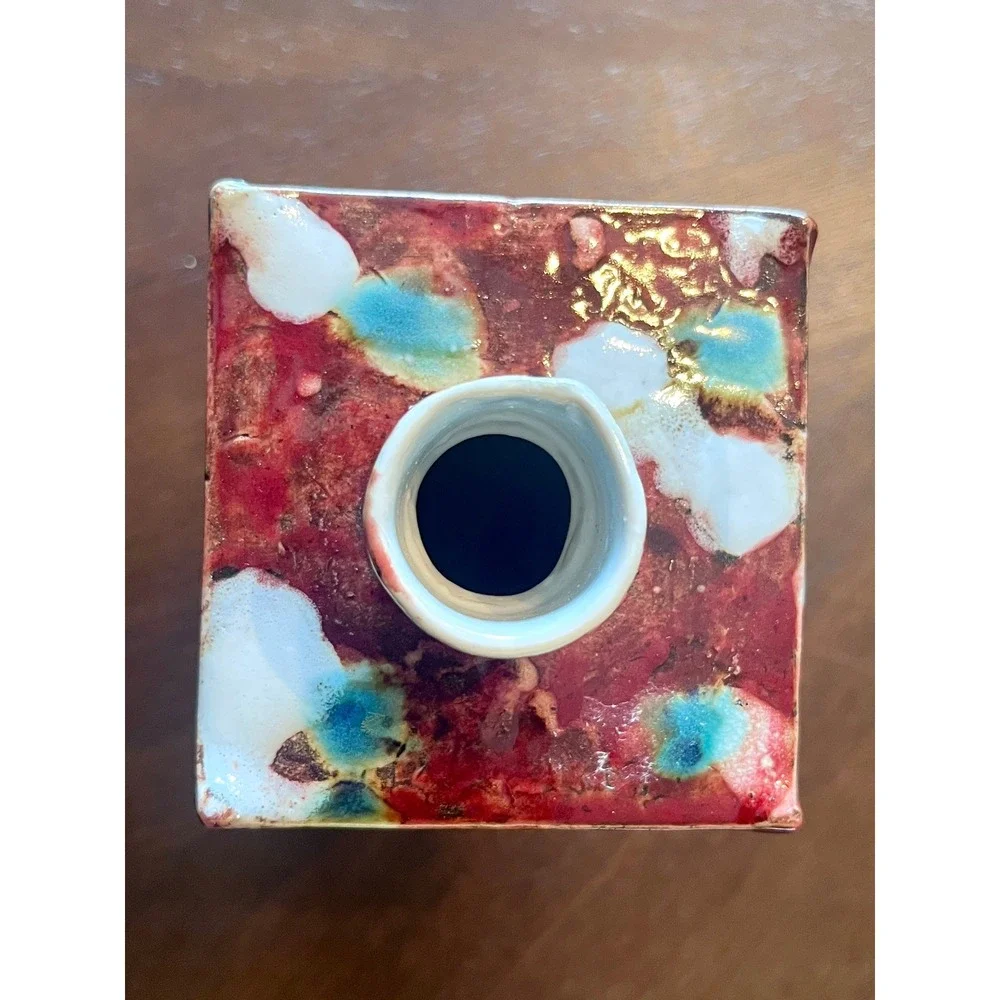 Signed Studio Pottery Artisan Ceramic Sake Sculptural Bottle Red Blue 2012